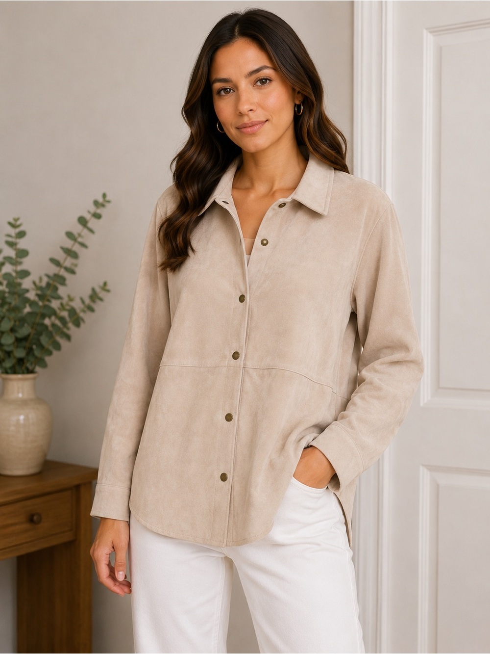Dictionary Lightweight Beige Suede Button-Front Jacket